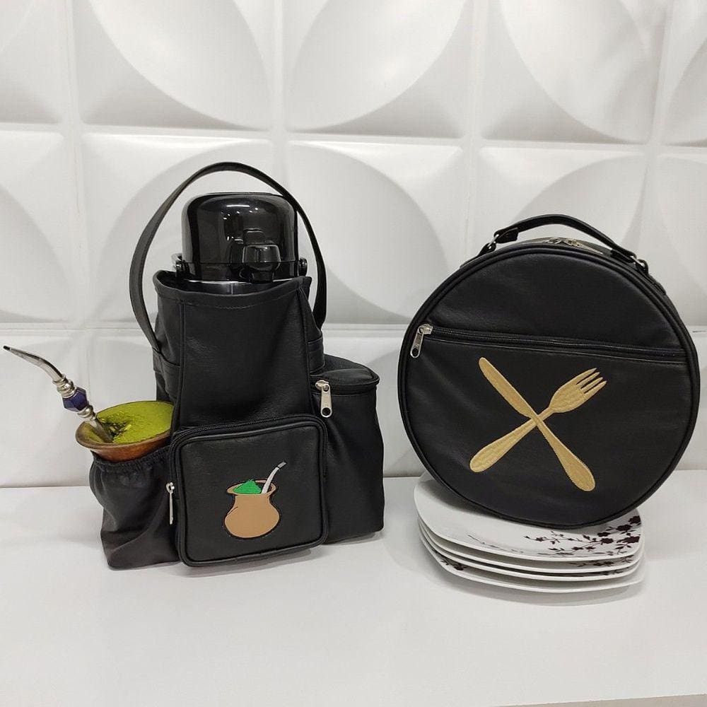 Kit Mateira e Porta Pratos Personalizado Couro Cor Preta - Coutre Bolsas