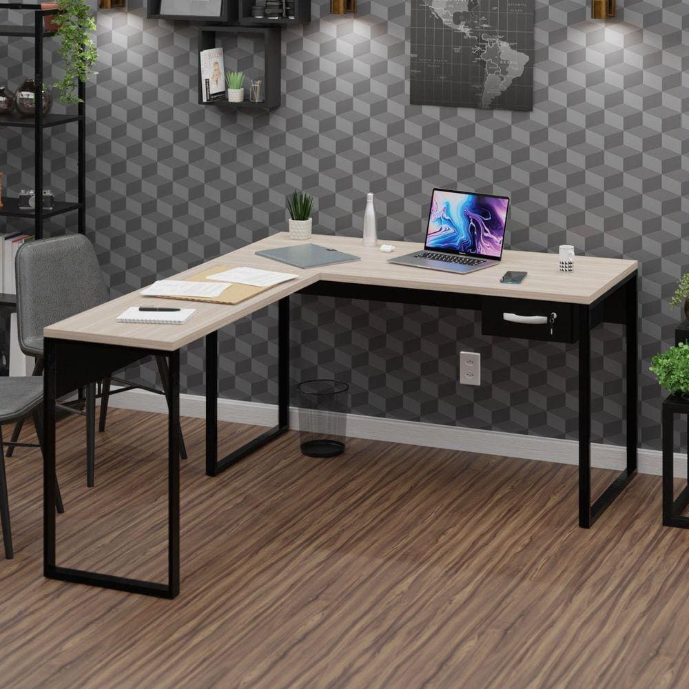 Mesa de Canto em L Escrivaninha com Gaveteiro Industrial 135x150cm Bege