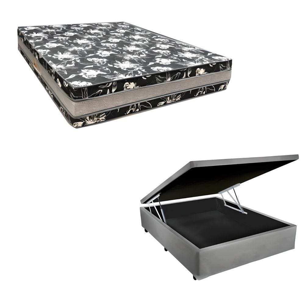 Cama Base Box Baú Casal Super Black Sintético Cinza + Colchão Casal Super Black D33  28x138x188