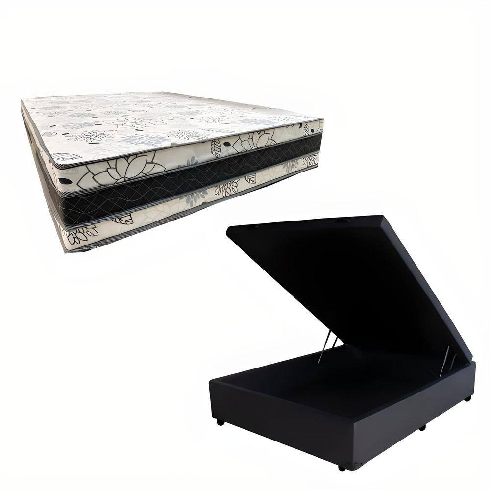Cama Base Box Baú Casal Super Confort Sintético Preto + Colchão Casal Super Confort D33  28x138x188
