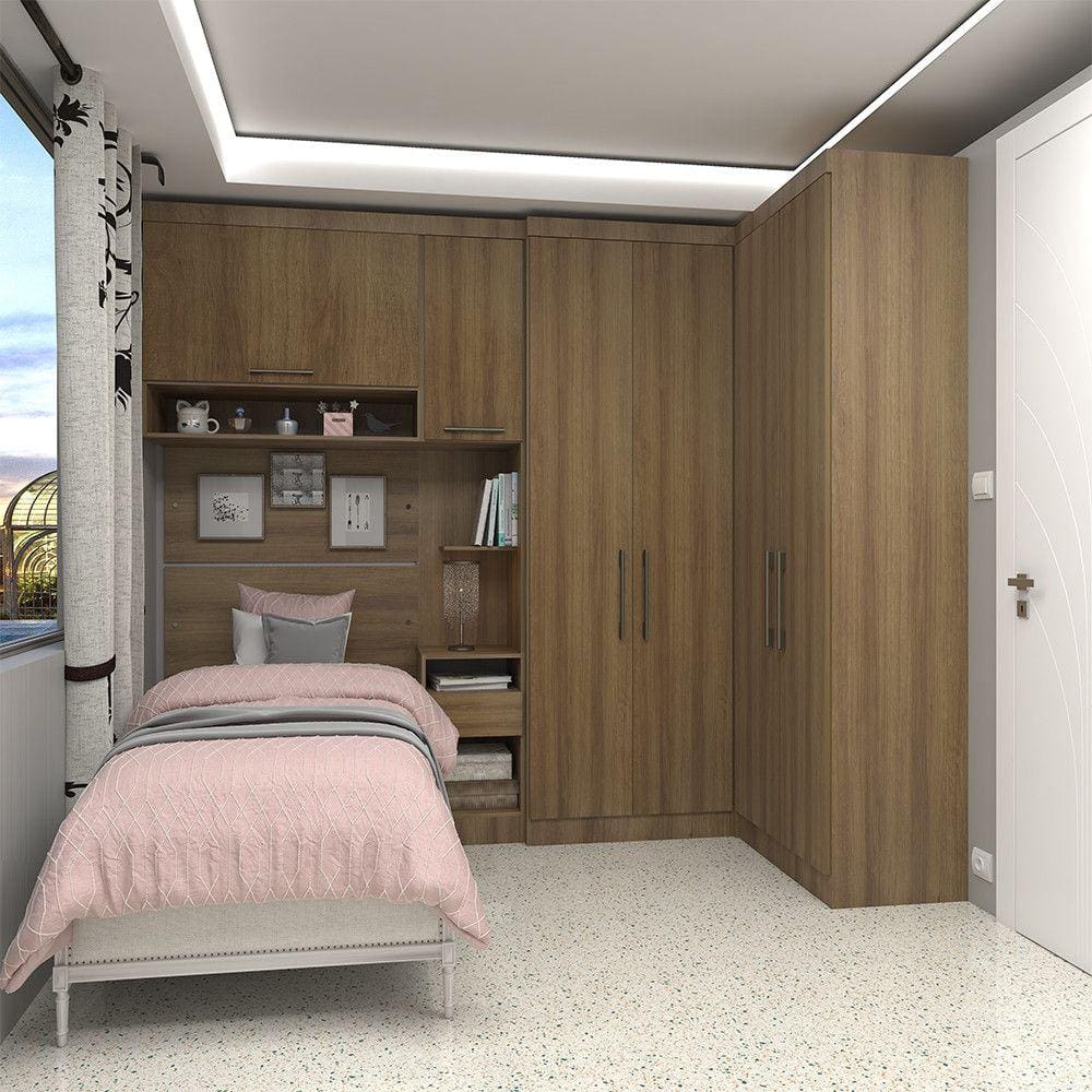 Quarto de Canto Solteiro com Guarda Roupas Cabeceira e Mesa de Cabeceira Paris Luciane Móveis