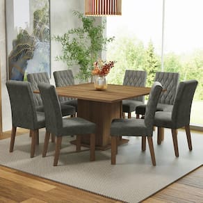 Conjunto Sala de Jantar Mesa Tampo de Madeira 8 Cadeiras Rustic/Silver Leila Madesa