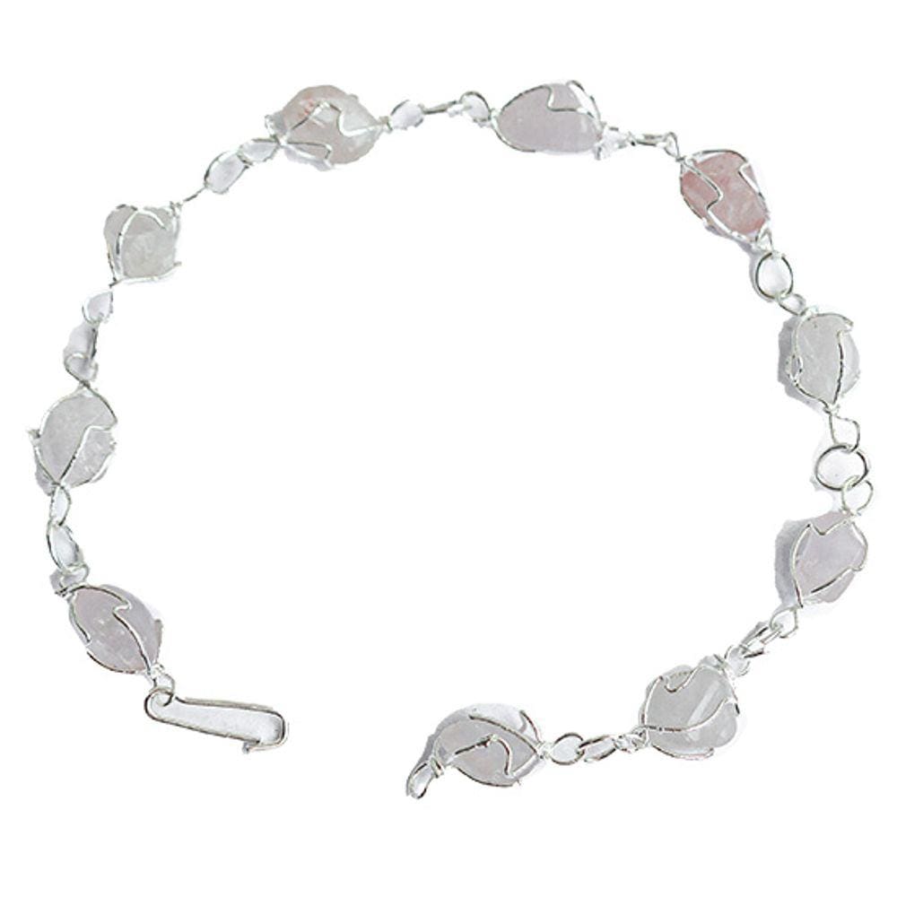 Pulseira Pedra Quartzo Rosa Natural Na Gaiola Prateado