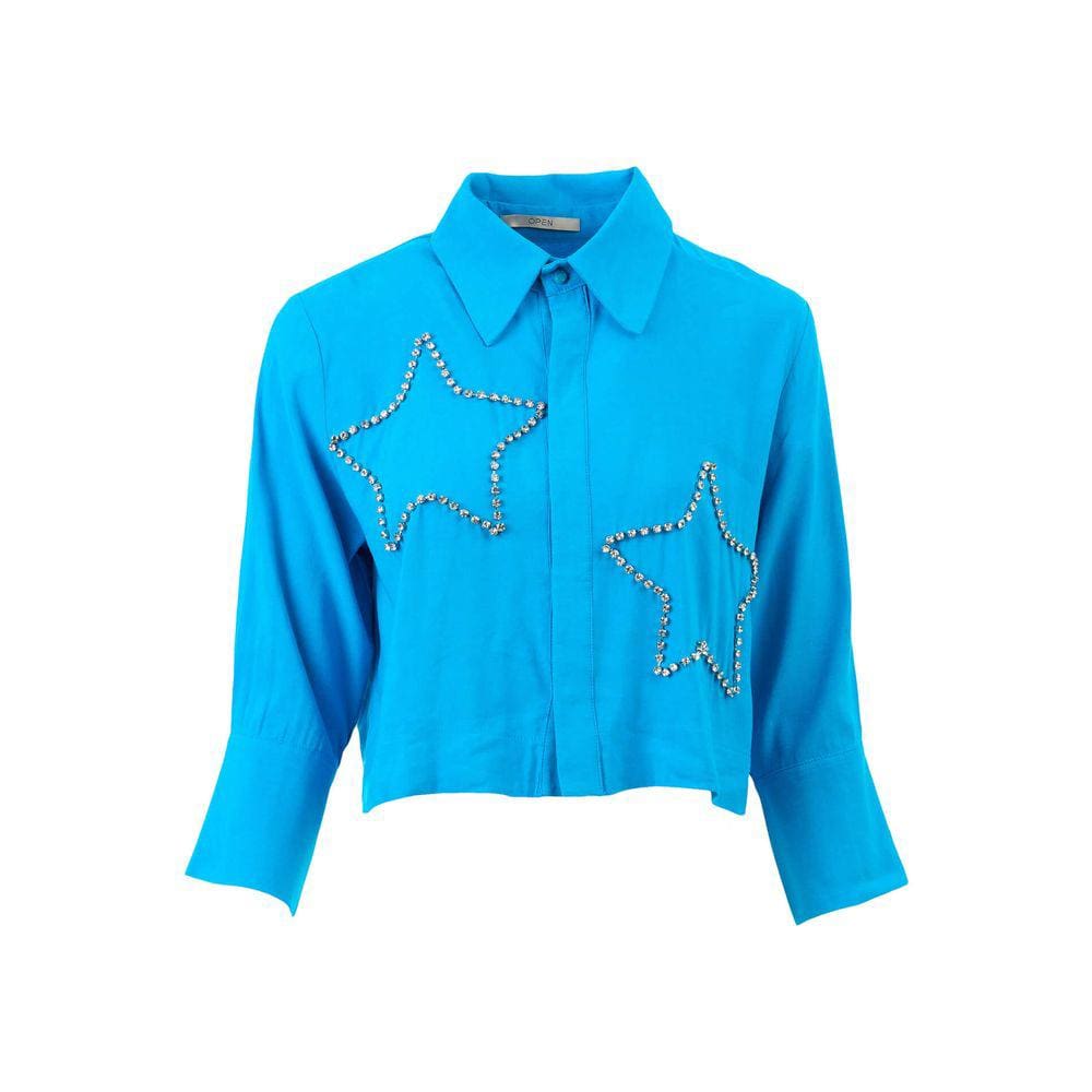 Camisa Linho Com Bordado Manual M Azul Magnifico