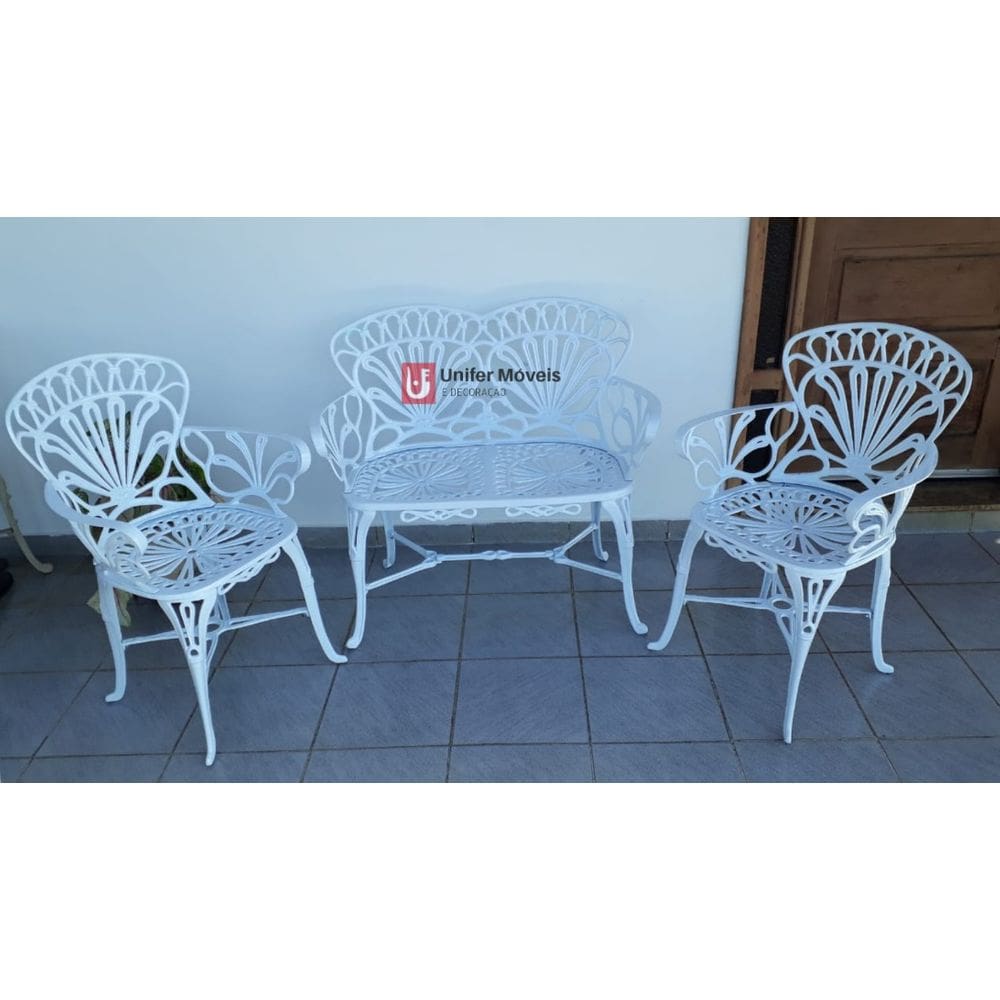 Conjunto de Banco e 2 Poltronas Para Jardim Primavera em Alumínio Fundido Unifer Móveis