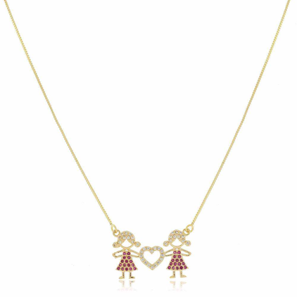Colar Gargantilha Duas Meninas Filhas Banhado A Ouro 18K