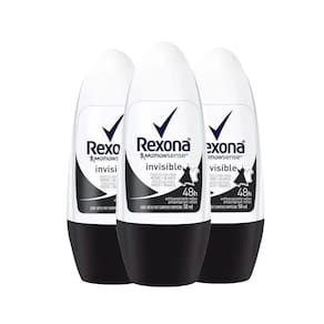 Kit Desodorante Roll On Rexona Invisible Feminino 50ml - 3 Unidades