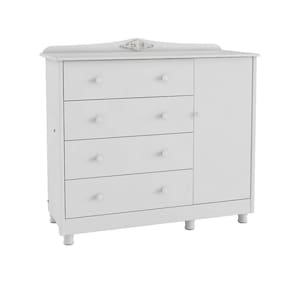 Cômoda de Bebê 1 Porta e 4 Gavetas Elô New Móveis Peroba Branco Brilho