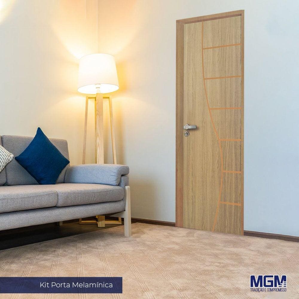 Kit Porta de Madeira Decorada 212x65cm com Batente de Alumínio 3,6cm Cantareira MGM Carvalho Alpha