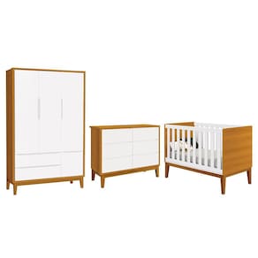 Dormitório Completo Infantil Classic 3 Portas, Cômoda 6 Gavetas e Berço com Pés Amadeirado - Reller Móveis
