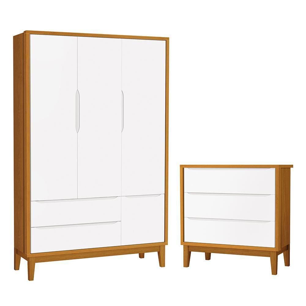 Jogo de Quarto Infantil Guarda Roupa 3 Portas e Cômoda 3 Gavetas Classic com Pés Amadeirado - Reller Móveis