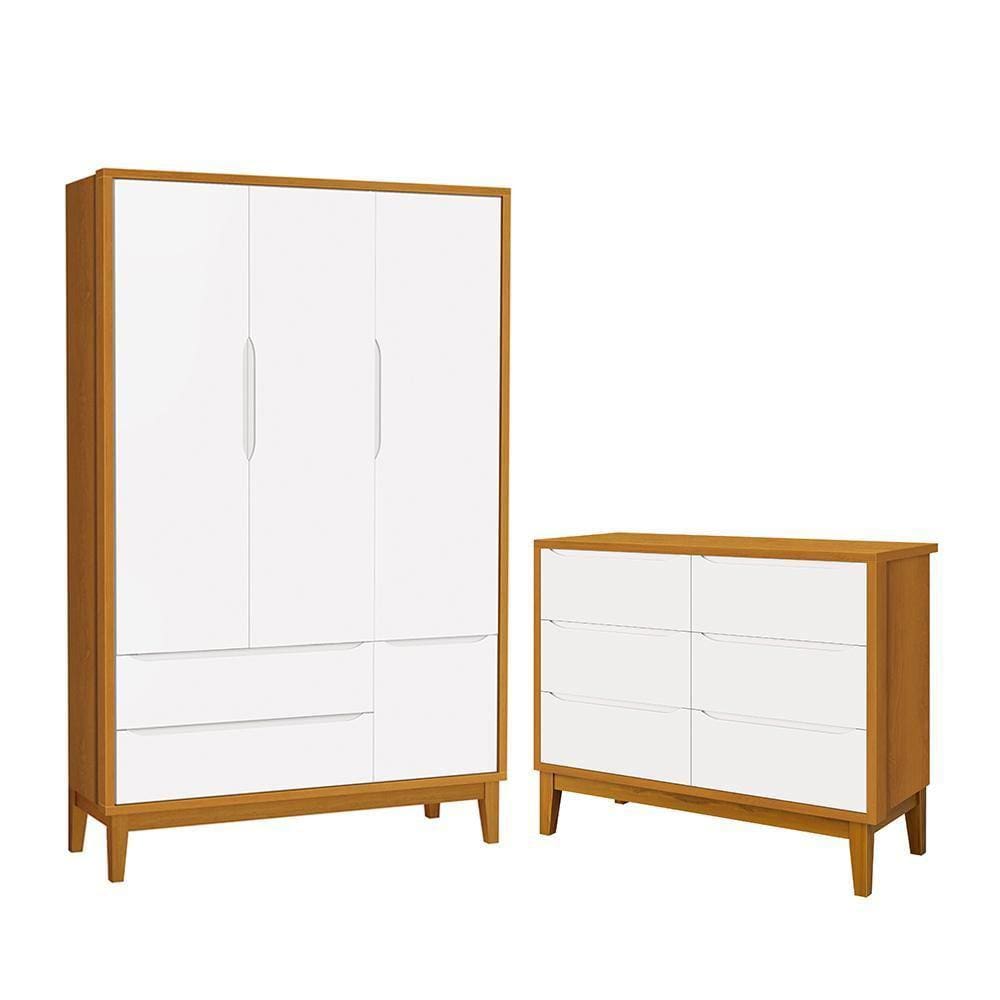 Jogo de Quarto Infantil Classic Guarda Roupa 3 Portas e Cômoda 6 Gavetas com Pés Amadeirado - Reller Móveis