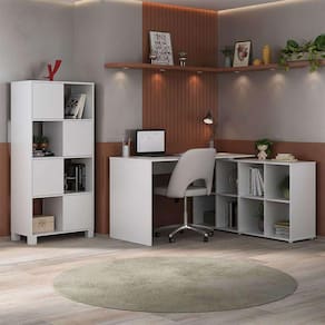 conjunto de mesa em l com estante de escritório 4 pt nero wally branco