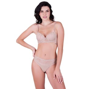 Conjunto fio sensual com bojo e arco em poliamida lisa e renda chocolate bege