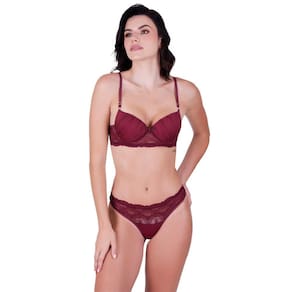 Conjunto fio sensual com bojo e arco em poliamida lisa e renda vinho rubro