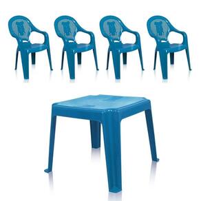 Kit 1 Mesa 45x45cm e 4 Cadeiras Decoradas Teddy Infantil Azul