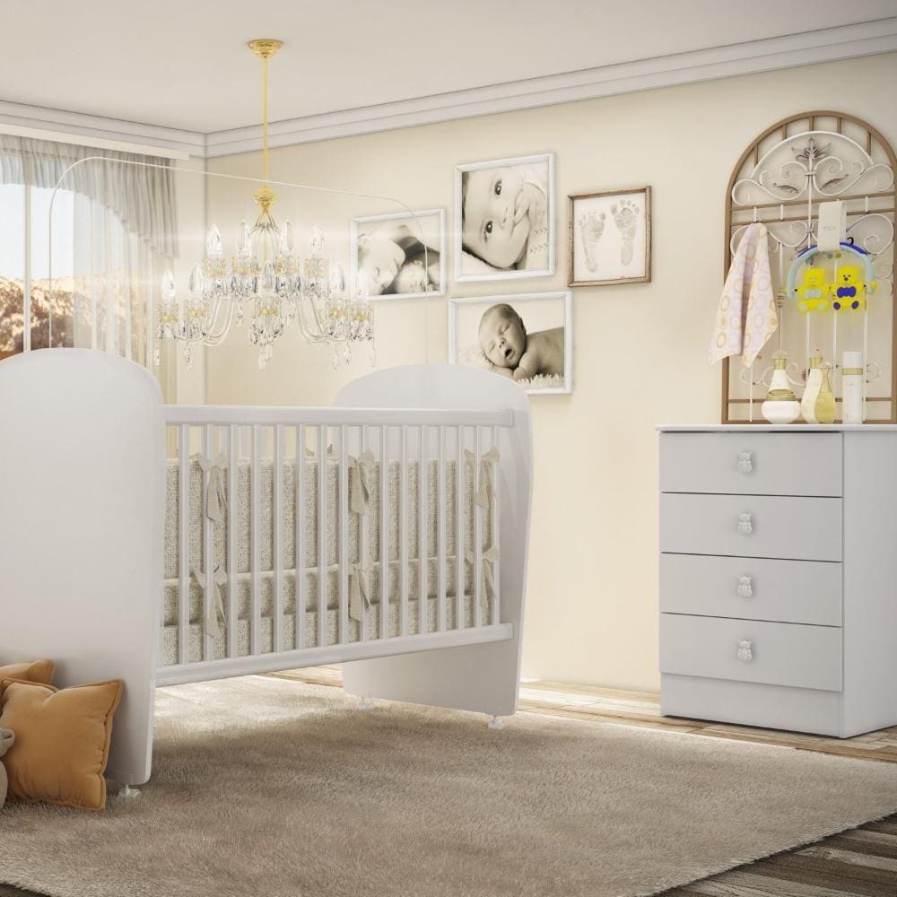 Quarto de Bebê Completo Cômoda 4 Gavetas com Berço Céu Móveis Percasa Branco
