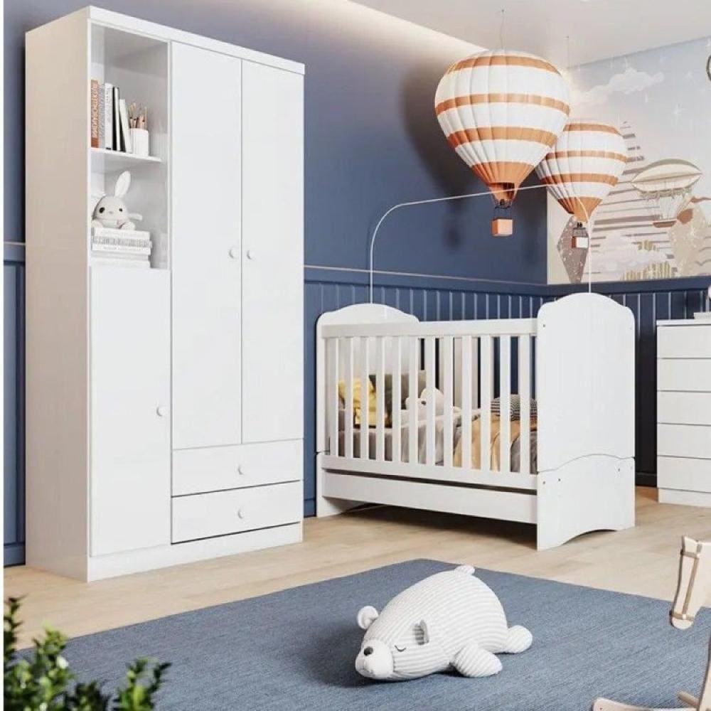 Quarto de Bebê Completo Guarda Roupa 3 Portas 2 Gavetas com Berço 3 em 1 Abracadabra Espresso Móveis Branco