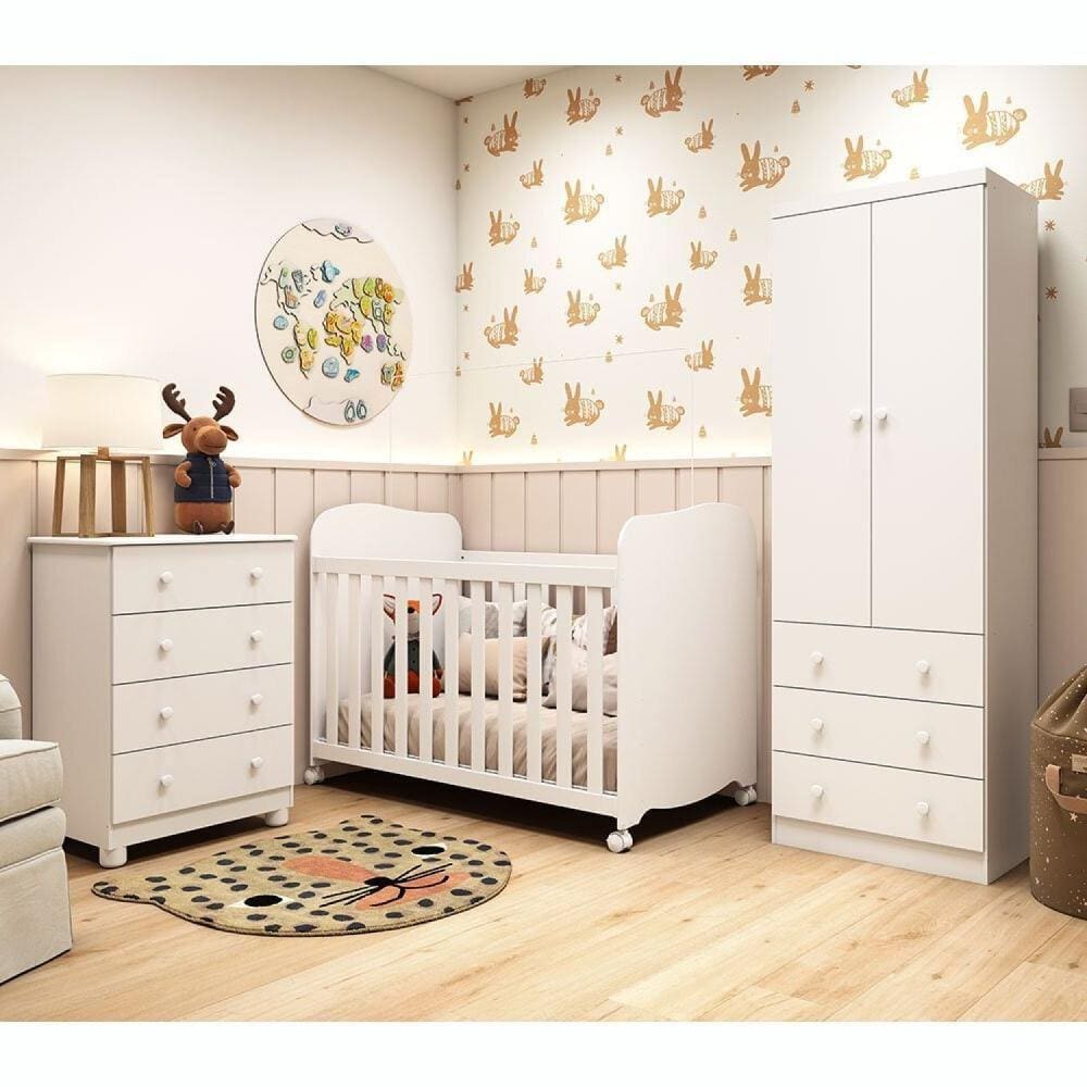 Quarto de Bebê Completo com Guarda Roupa Smim Cômoda Júnior e Berço Uli Móveis Peroba Branco
