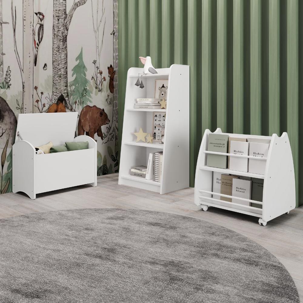 Conjunto Infantil 3 Peças 1 Baú 1 Porta Livros 1 Estante Branco