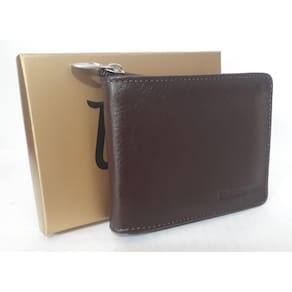 Carteira masculina de couro ziper porta moedas cartão Marrom