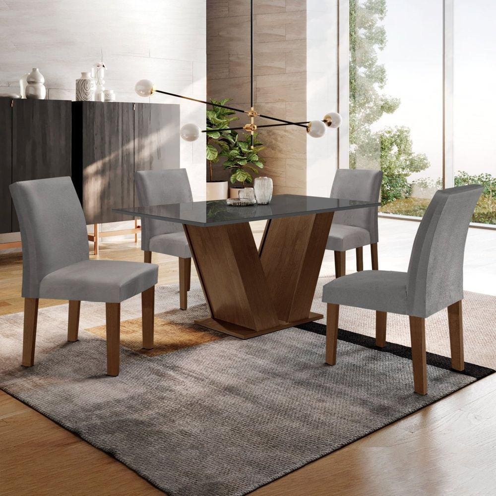 Conjunto Sala de Jantar Mesa 120x80cm Tampo MDF/Vidro com 4 Cadeiras Espanha Yescasa Chocolate/Off White/Suede Cinza