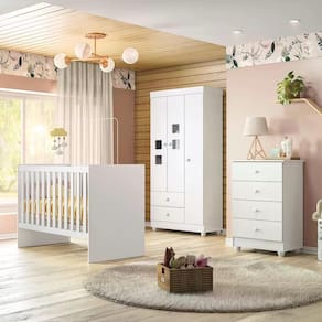 Quarto de Bebê Completo 100% MDF com Guarda Roupa 3 Portas, Cômoda e Berço Life Espresso Móveis Branco