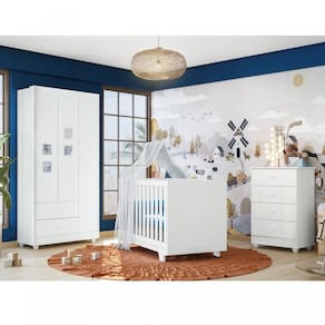 Quarto de Bebê Completo 100% MDF com Guarda Roupa 3 Portas, Cômoda e Berço Mini Cama Life Espresso Móveis Branco