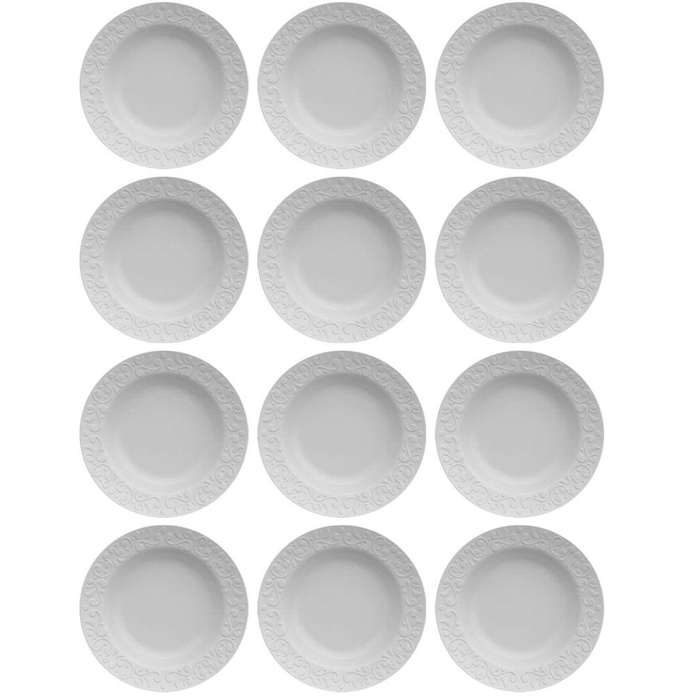 Jogo 12 Pratos Germer Branco Fundos Redondos 23,5cm em Porcelana com Relevo Tassel Restaurante Hotel