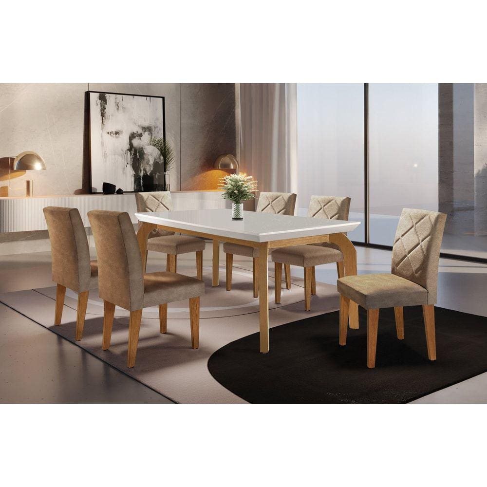 Conjunto para Sala de Jantar Mesa Dublin 180cm Tampo MDF Canto Reto com 6 Cadeiras Irlanda Rufato Animalle Chocolate/Off White/Imbuia