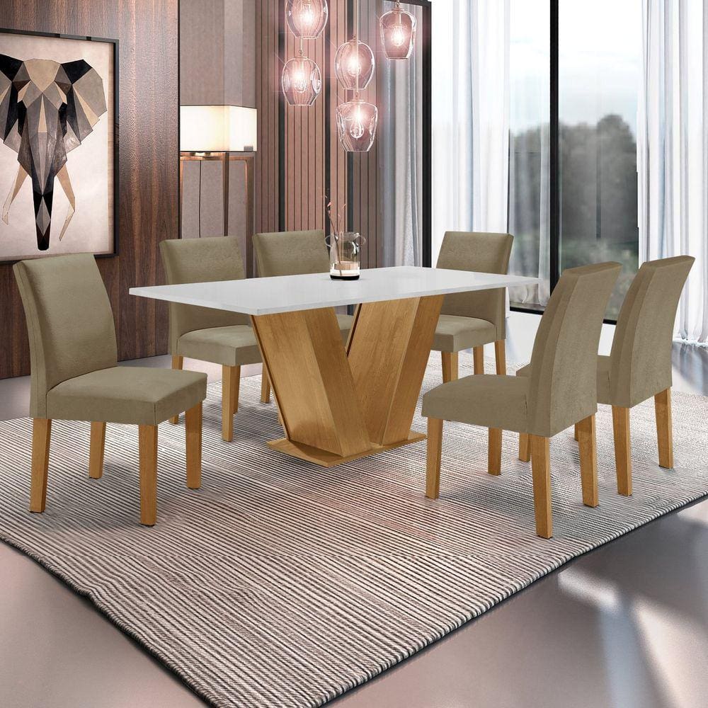 Conjunto Sala de Jantar Mesa 160x80cm Tampo MDF com 6 Cadeiras Espanha Yescasa Ypê/Grafite/Suede Marrom Claro