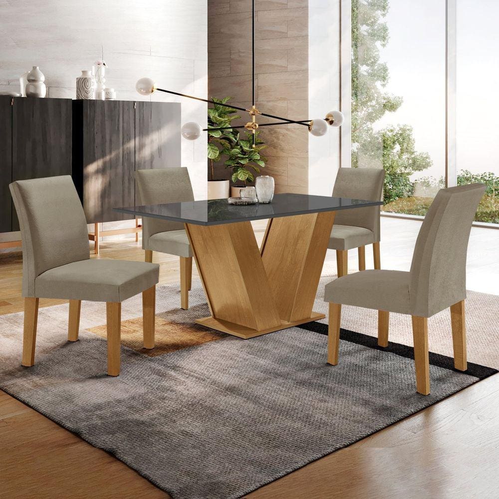Conjunto Sala de Jantar Mesa 120x80cm Tampo MDF/Vidro com 4 Cadeiras Espanha Yescasa Cinamomo/Grafite/Suede Cinza
