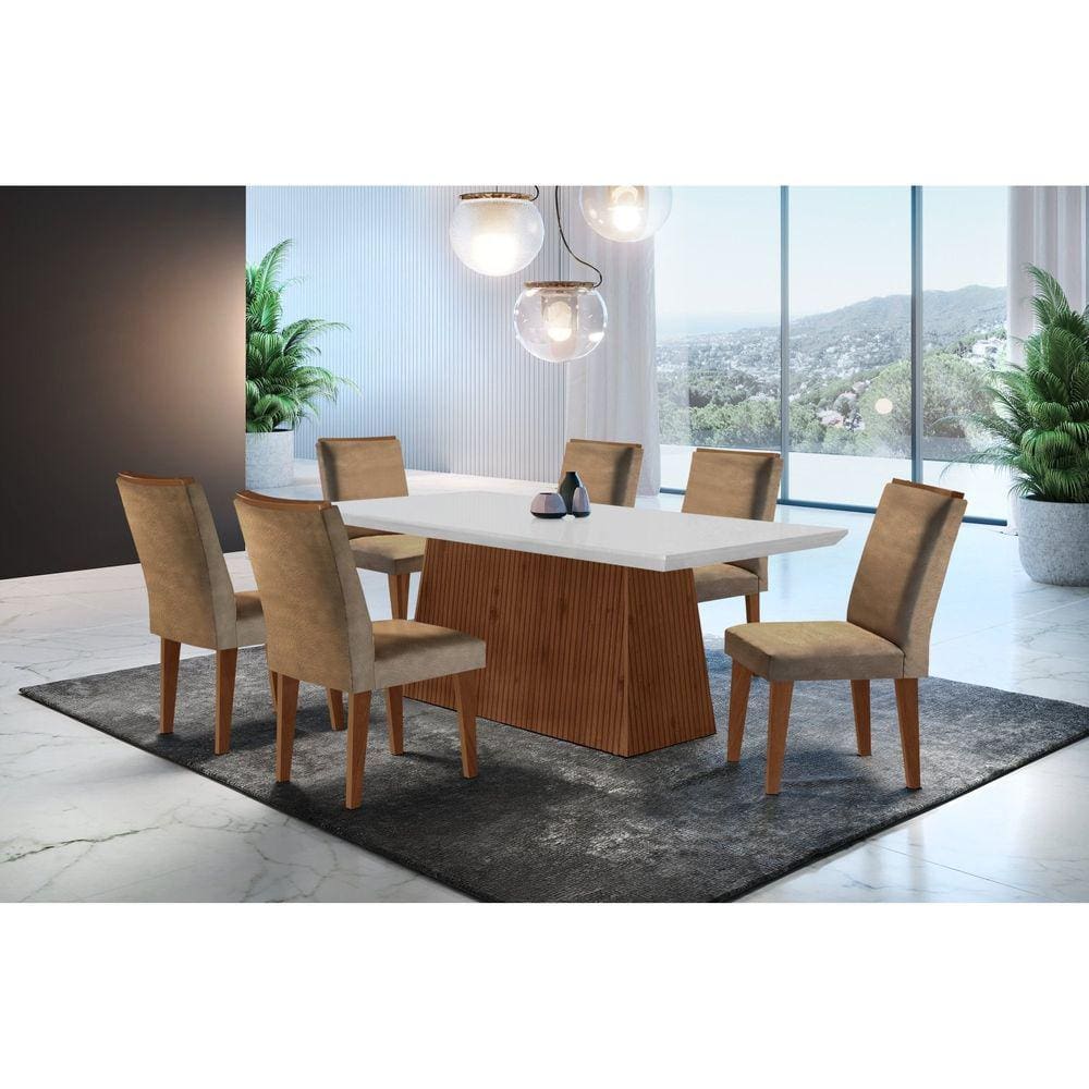 Conjunto Sala de Jantar Mesa Tampo em MDF 6 Cadeiras Rufato Off White/Imbuia