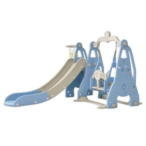 Playground Infantil 3 em 1 Plástico Escorregador Balanço Cesta Basquete Azul/Cinza Brinqway Bw-217