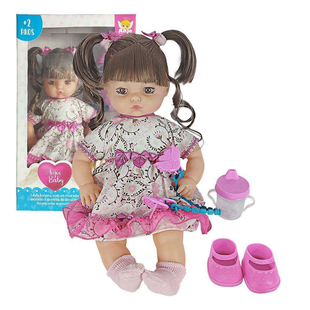 Boneca De Brinquedo Anjos Baby Castanho Com Acessórios Mamadeira Chupeta e Sapatinhos