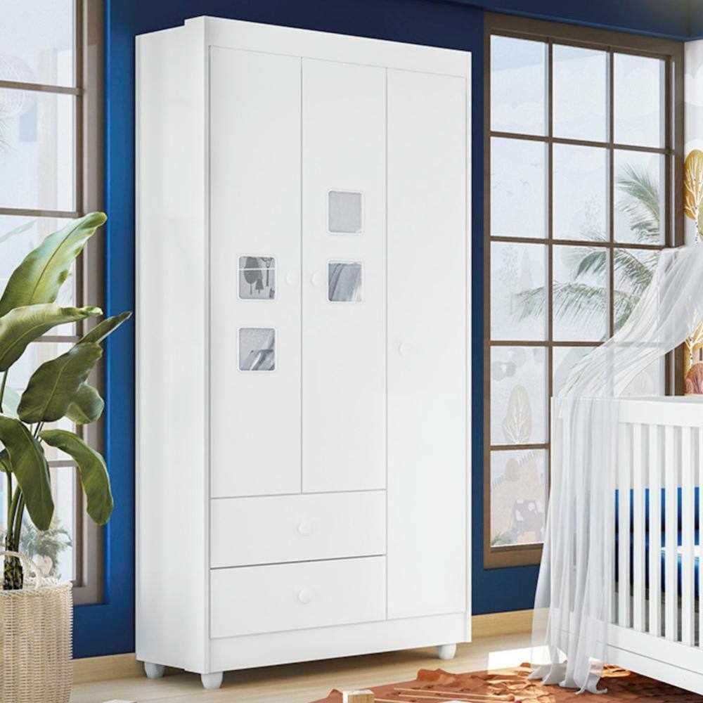 Guarda Roupa de Bebê 100% MDF 3 Portas 2 Gavetas Life Branco