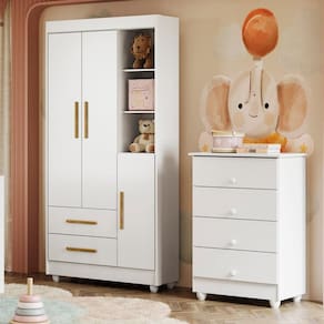 Quarto de Bebê Guarda Roupa 3 Portas e Cômoda 100% MDF Nina Branco