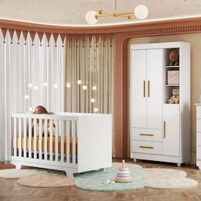 Quarto de Bebê Guarda Roupa 3 Portas e Berço Mini Cama 100% MDF com Colchão Nina Branco