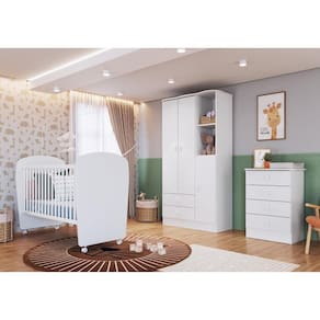 Quarto de Bebê Completo com 1 Berço 1 Cômoda 1 Guarda Roupa Arco-Íris Móveis Percasa Branco
