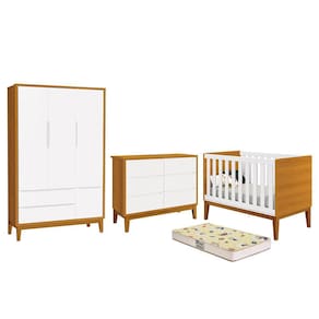 Dormitório Completo Infantil Classic 3 Portas, Cômoda 6 Gavetas, Berço com Pés Amadeirado e Colchão D18 - Reller Móveis