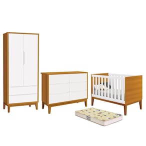 Dormitório Completo Infantil Classic 2 Portas, Cômoda 6 Gavetas, Berço com Pés Amadeirado e Colchão D18 - Reller Móveis