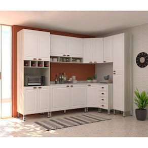 Armário de Cozinha Completa 8 Peças com Tampo Legno Crema com Branco Pet Agatha Luciane Móveis