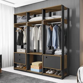 Conjunto Closet Modulado com 3 Cabideiros 1 Porta 2 Gavetas Titan Espresso Móveis Preto Velluto/Freijó