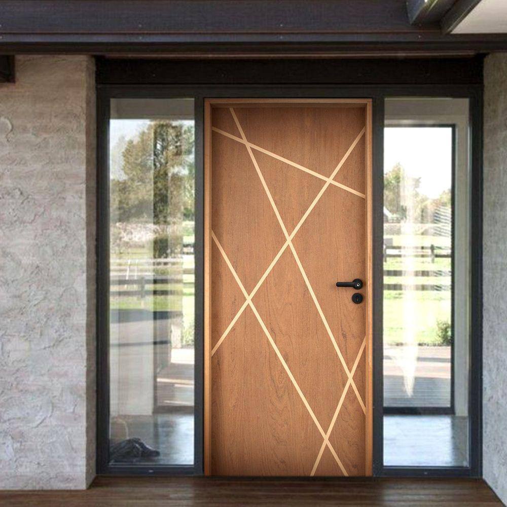 Kit Porta de Madeira Frisada 215x117cm Batente 14cm Fechadura Digital Rodam Portas Marrom
