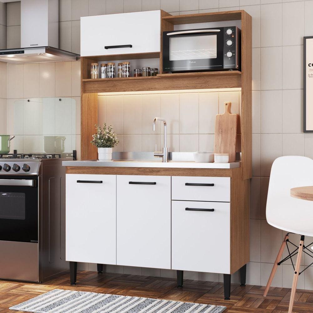 Armário de Cozinha Compacta 4 Portas 1 Gaveta Naty Freijó/Branco