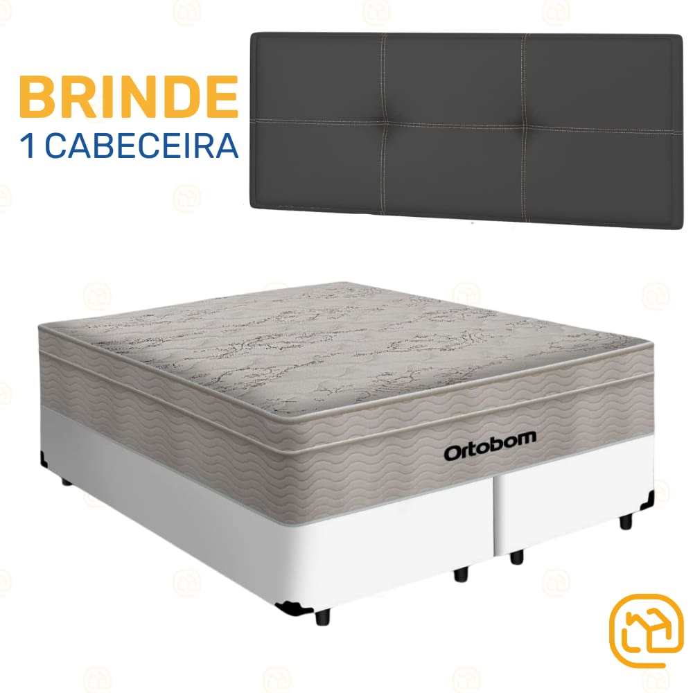 Box Queen Branco + Cabeceira Painel Iris Preta + Colchão De Molas AirTech SpringPocket 158cm