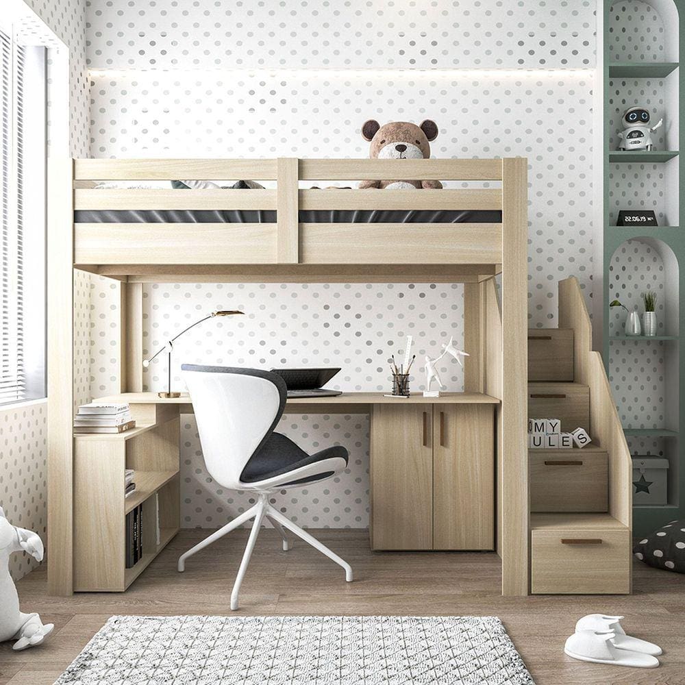 Cama Alta Infantil com Escada, Escrivaninha e 6 Portas Star Plus Casatema Marroml