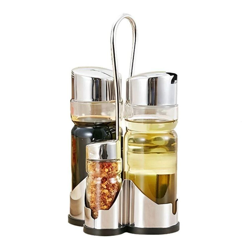 Galheteiro de Vidro 4 Pçs com Suporte Metal - Azeite Vinagre Sal Pimenta Tempero - 4 Pçs - PANAMI