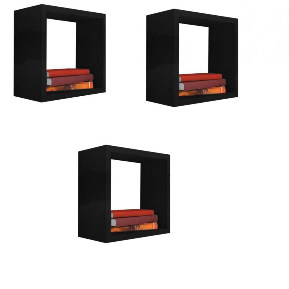Kit 3 Nicho Decorativo 20X20X20 cm Preto Em Mdf