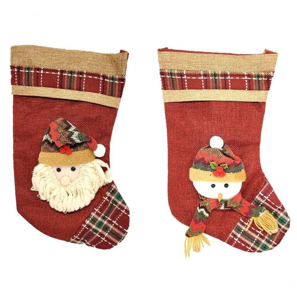 Kit Bota Natalina Tecido Vinho E Xadrez 35cm Papai Noel E Boneco De Neve - Master Christmas